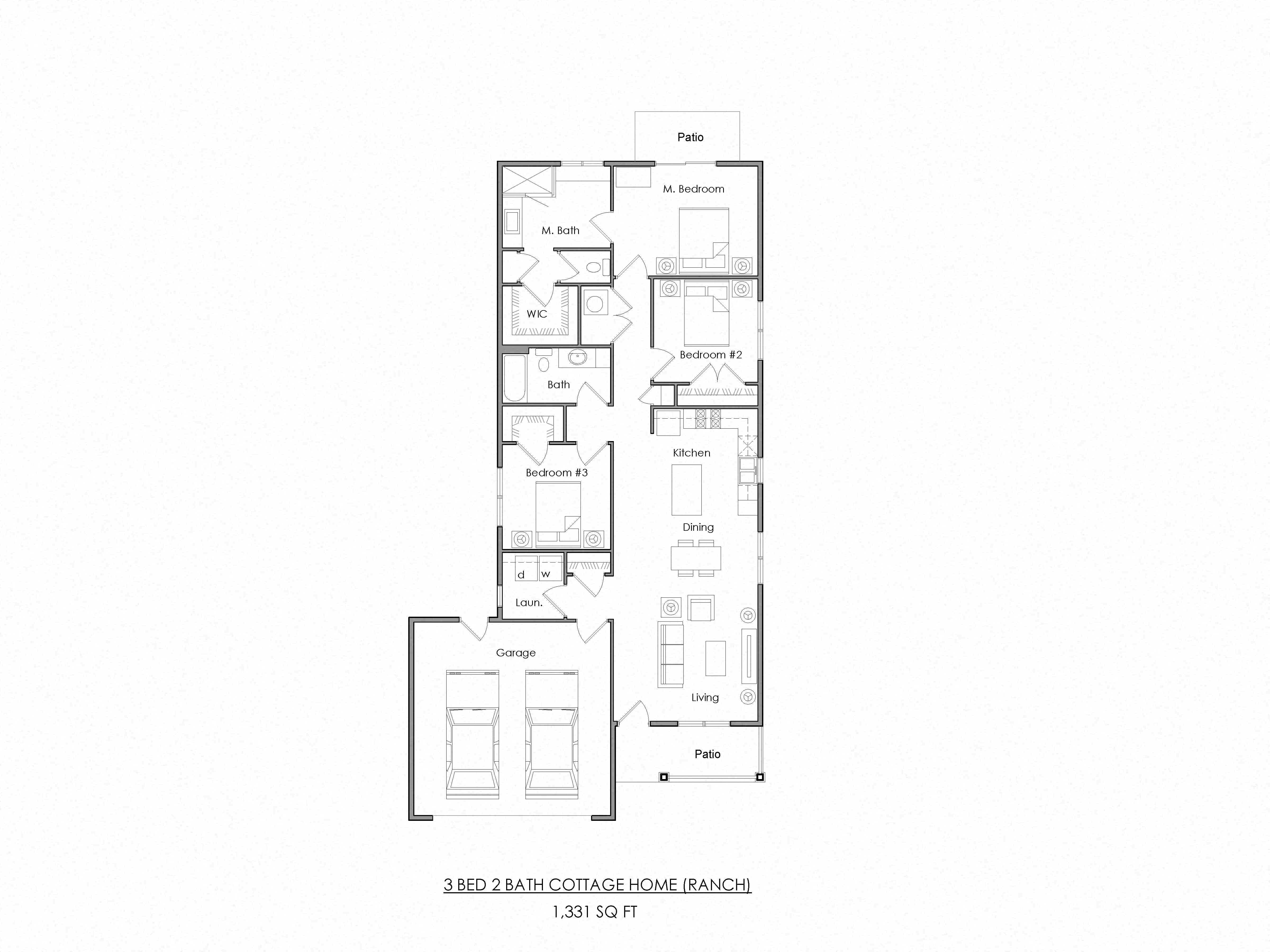 Floor plan for 3 beds, 2 baths, 1331 sqft